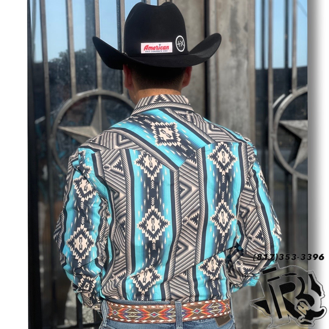 Rock & Roll Denim Men's Navy & Turquoise Aztec Print Long Sleeve Western Shirt