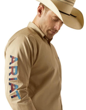 MENS ARIAT TEAM LOGO TWILL LONG SLEEVE KHAKI SHIRT | 10051338