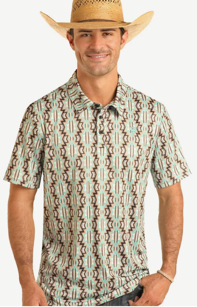 “ SEB “ | MENS ROCK & ROLL TAUPE AZTEC PRINTED POLO BM51T03967