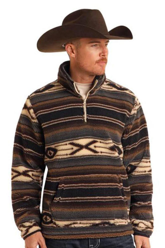 MENS ROCK & ROLL AZTEC PRINTED SHERPA DARK BROWN PULLOVER | BM91T05370