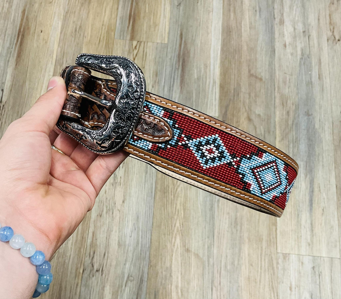 “RUDY”| MENS WESTERN TOOLED LEATHER BELT BEADED RED