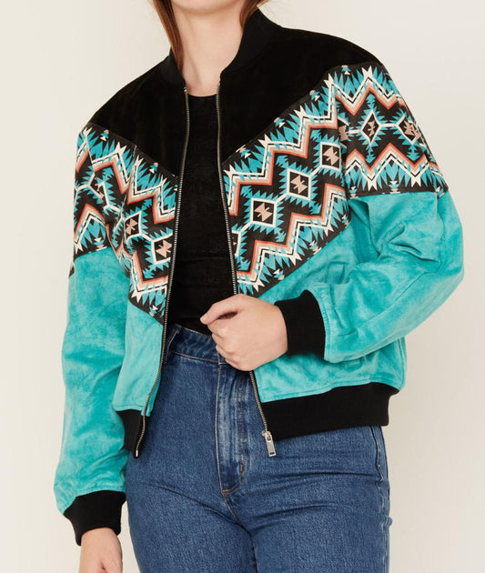 WOMENS ROCK & ROLL TURQUOISE AZTEC BORDER BOMBER JACKET | BW92C05285