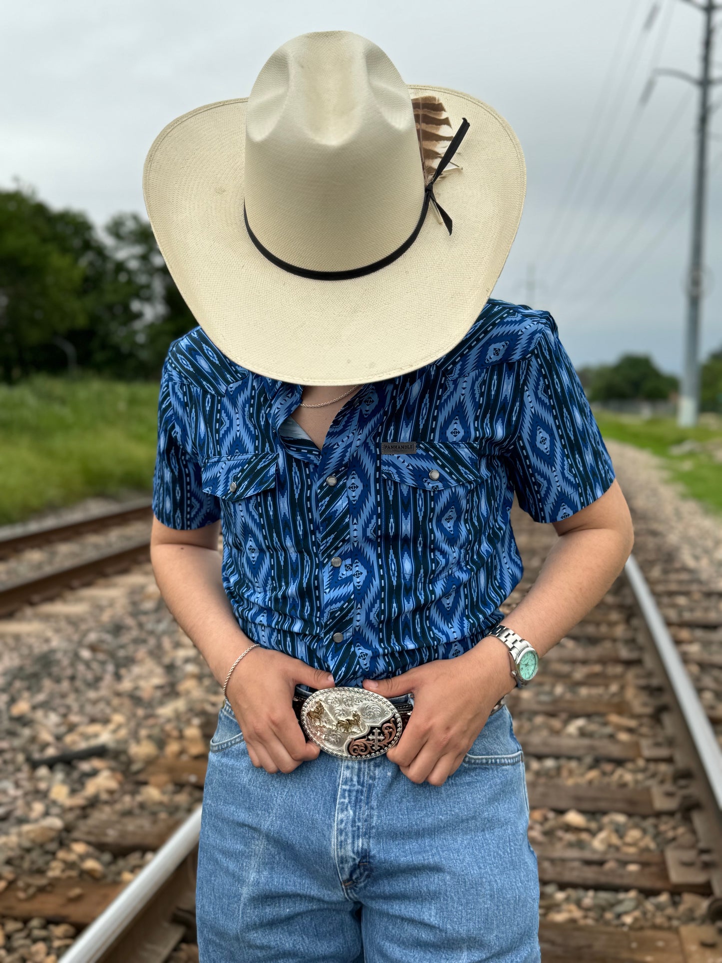 Mens Rock & Roll short sleeve aztec woven blue shirt | TMN3S04293