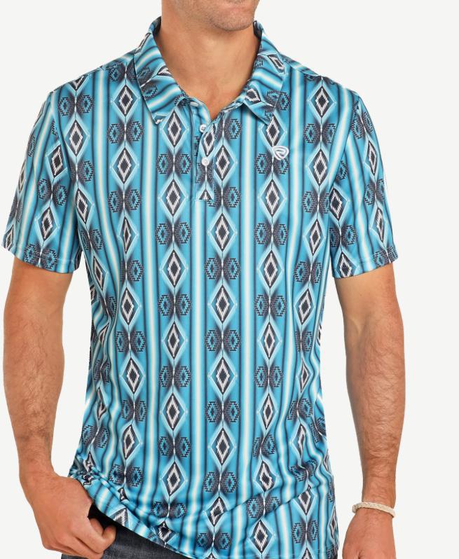 MENS ROCK & ROLL BLUE AZTEC STRIPED POLO | BM51T05029