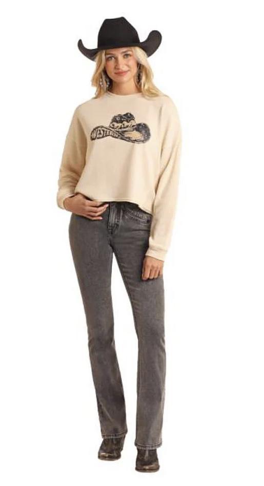 WOMENS ROCK & ROLL WESTERN HAT GRAPHIC CREAM PULLOVER | BW91T05402