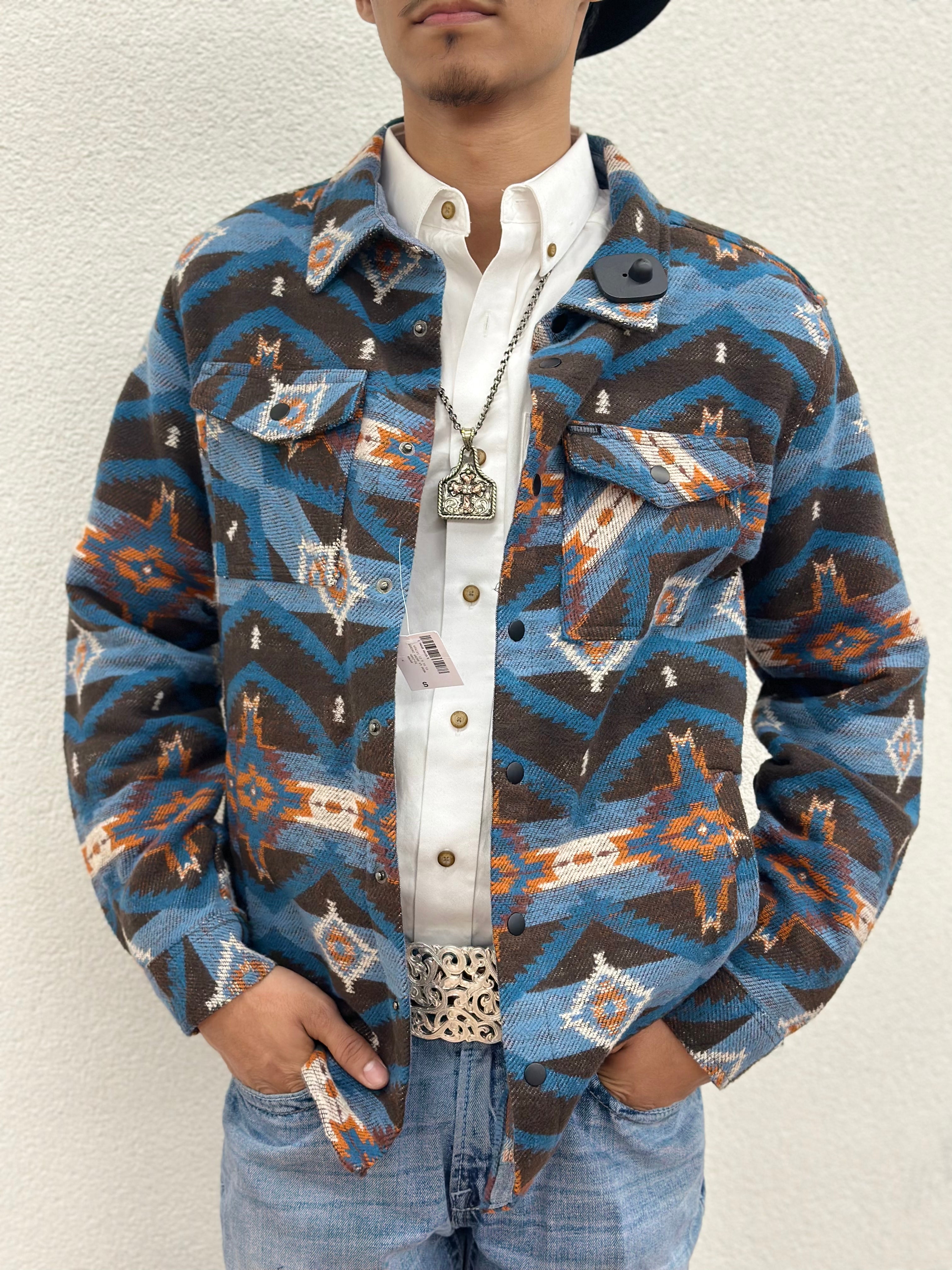 BLUE AZTEC | ROCK & ROLL JACQUARD AZTEC PRINT SNAP-DOWN SHIRT JACKET