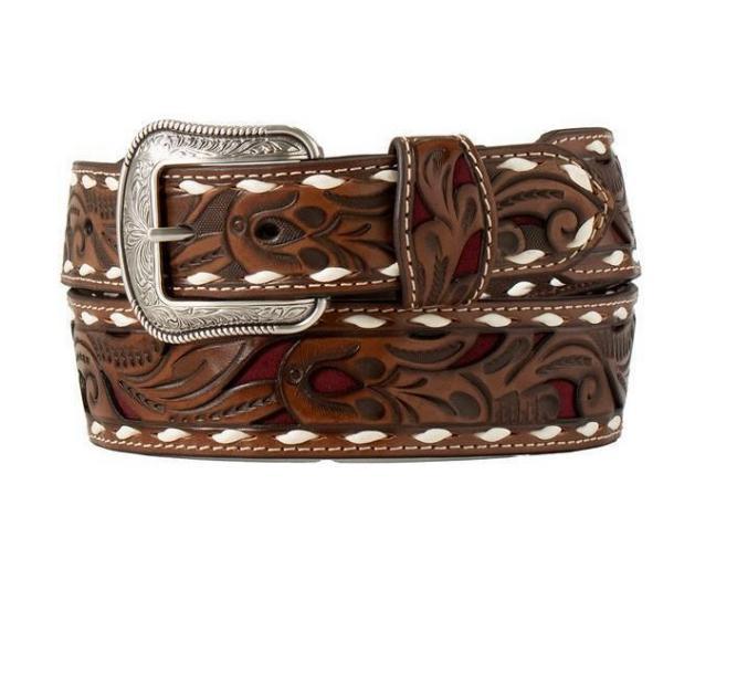 ‘’GAEL’’3D Western Belt Mens Scrolling Filigree Underlay Embossed |D100018409