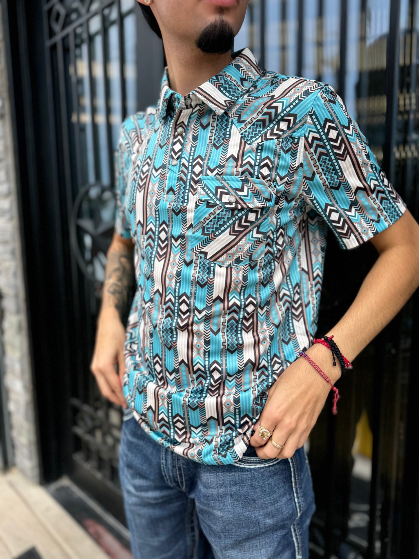 Mens rock & roll printed turquoise polo | BM53T0385