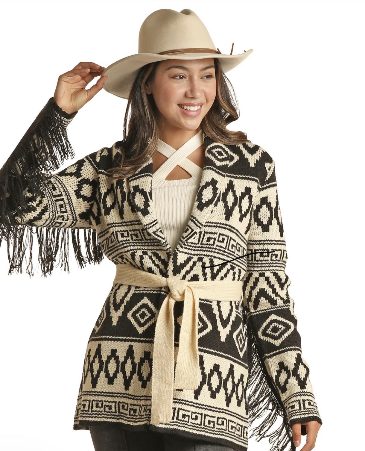 WOMENS AZTEC CARDIGAN W LAPEL COLLAR BLACK PANHANDLE | PRWO95RZXB