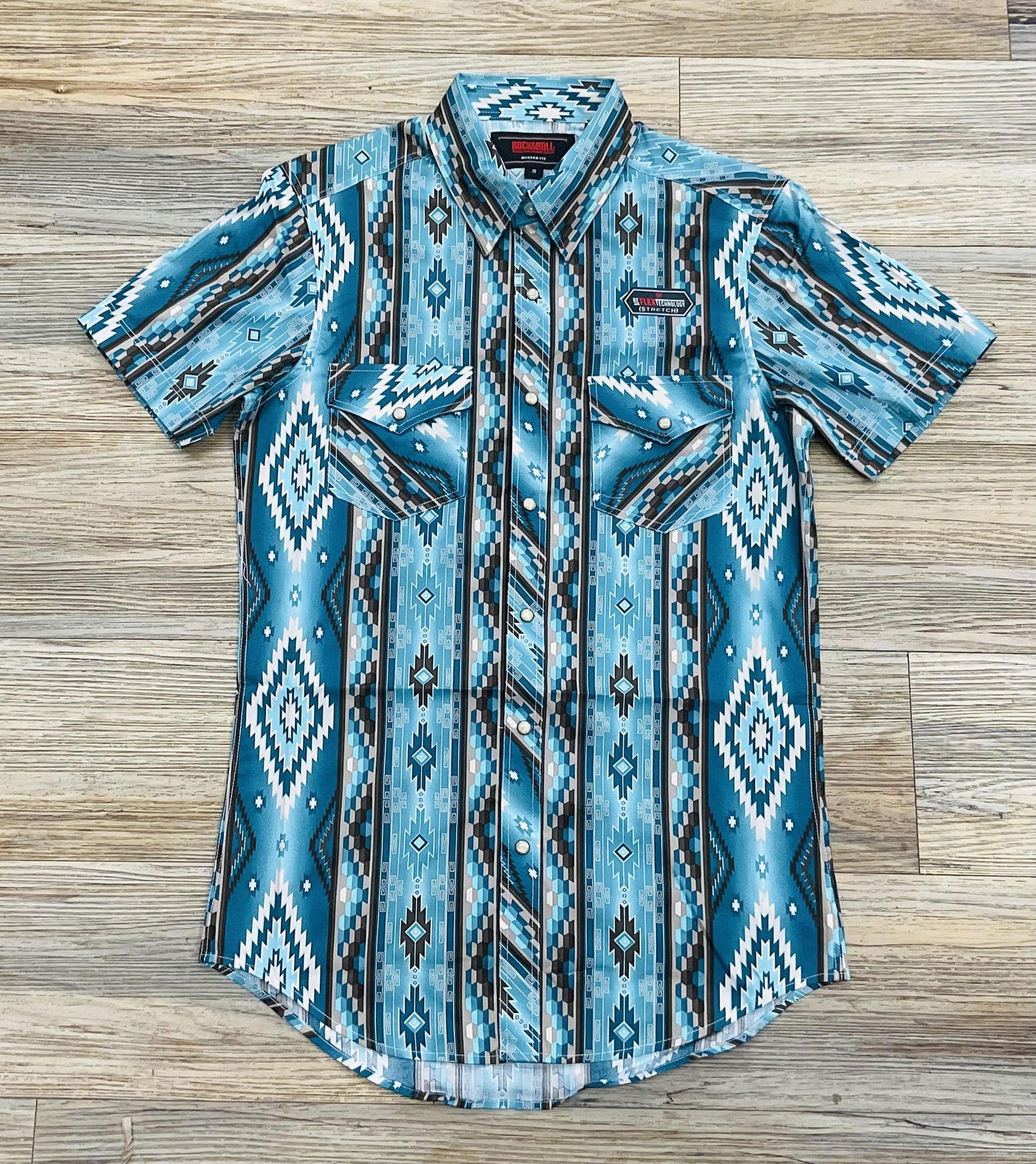 Mens Rock & Roll short sleeve 2pkt aztec snap Turquoise shirt | BMN3S03946