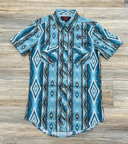 Mens Rock & Roll short sleeve 2pkt aztec snap Turquoise shirt | BMN3S03946