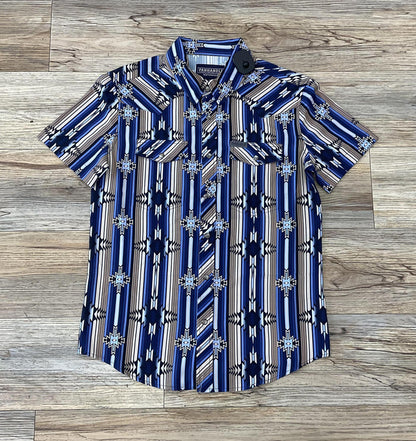 Mens Rock & Roll short sleeve aztec woven blue shirt | TMN3S04294