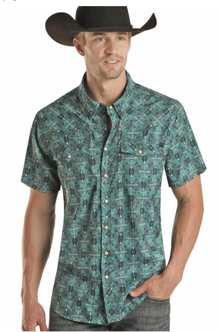 Mens Aztec ripstop snap teal shirt | BMN3S02541