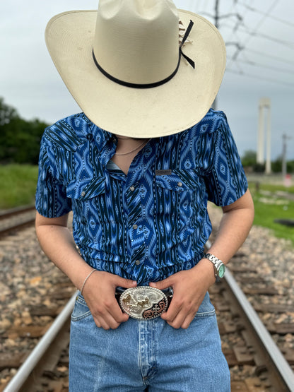 Mens Rock & Roll short sleeve aztec woven blue shirt | TMN3S04293