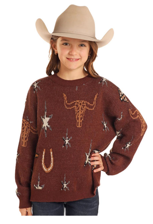 GIRLS PANHANDLE DARK BROWN QUIRKY CONVERSATIONAL SWEATER | BG32T05451