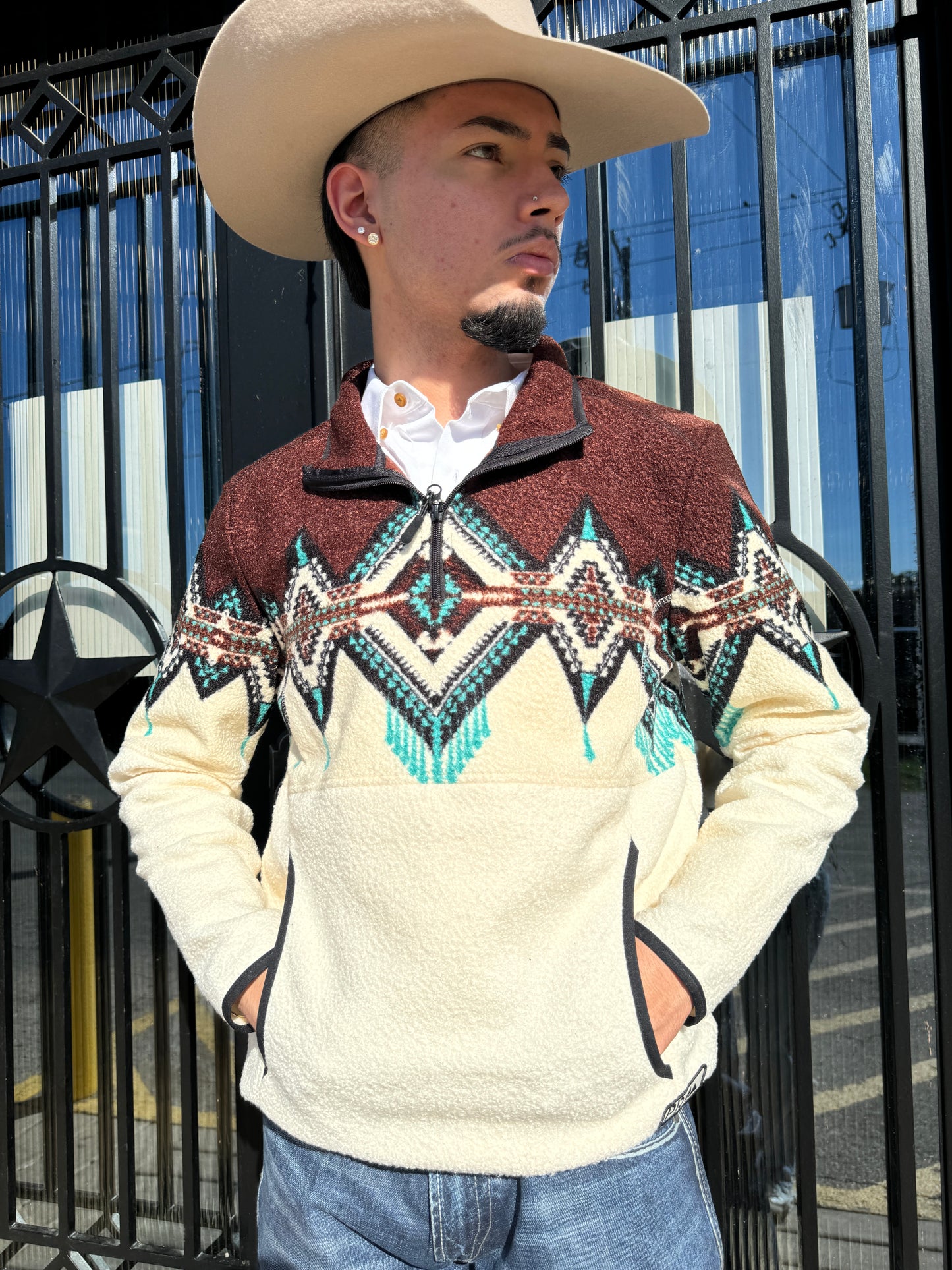 POWDER RIVER MEN'S AZTEC BERBER BORDER DARK BROWN PULLOVER |DM91C04069