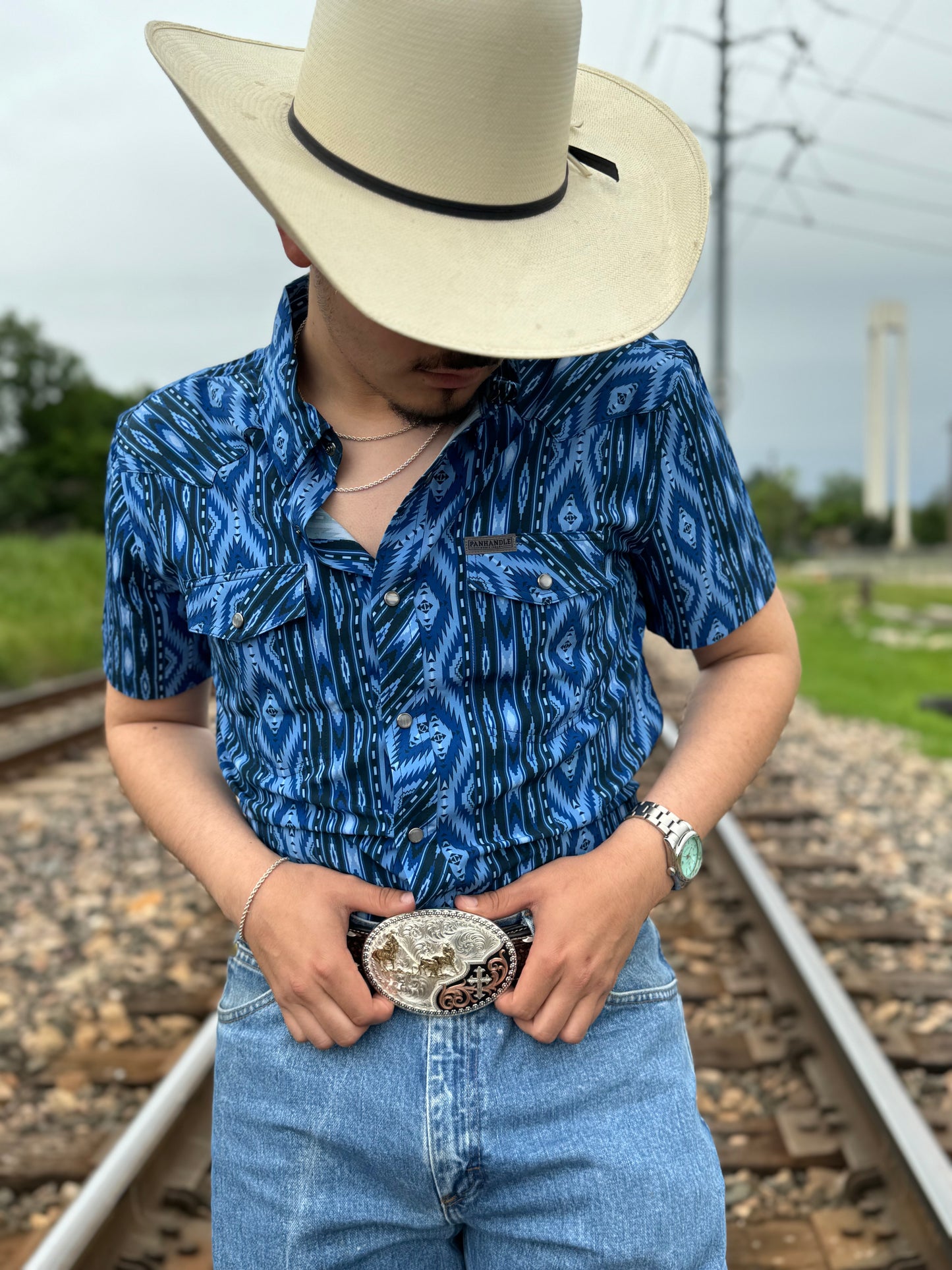 Mens Rock & Roll short sleeve aztec woven blue shirt | TMN3S04293