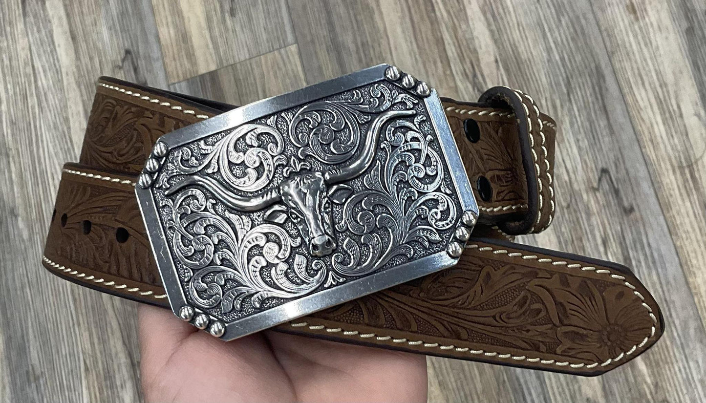 MENS 3D BELT FLORAL EMBOSSED LONGHORN | D100012102