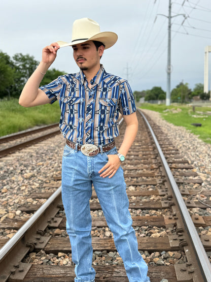 Mens Rock & Roll short sleeve aztec woven blue shirt | TMN3S04294