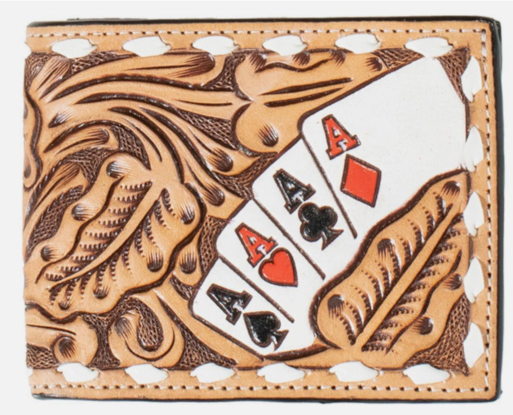 3D Western Mens Wallet Bifold Leather Tooled Hand Painted Ace Cards| D250010548