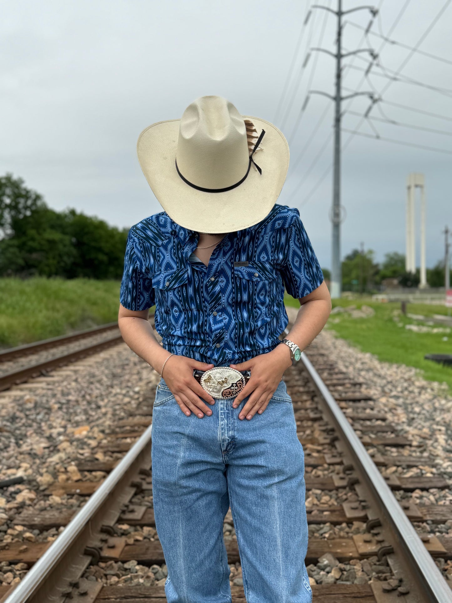 Mens Rock & Roll short sleeve aztec woven blue shirt | TMN3S04293