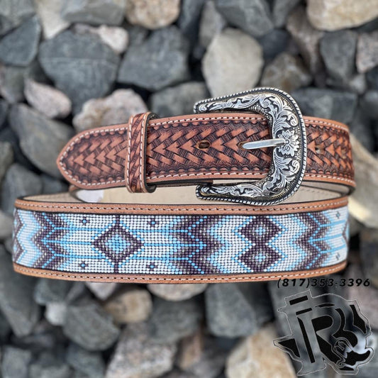 “ FABIAN “ | MEN WESTERN BEADED BELT LIGHT BLUE