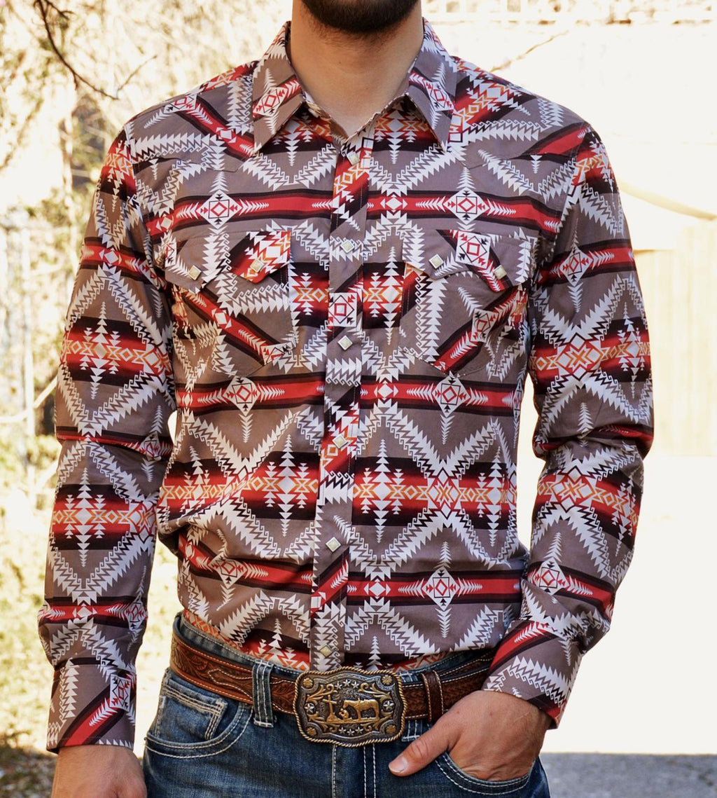 Men's Rock&Roll Brown Aztec Print Shirt (B2S7065)