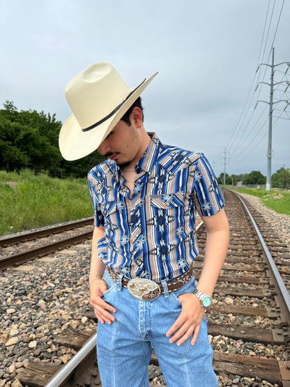 Mens Rock & Roll short sleeve aztec woven blue shirt | TMN3S04294