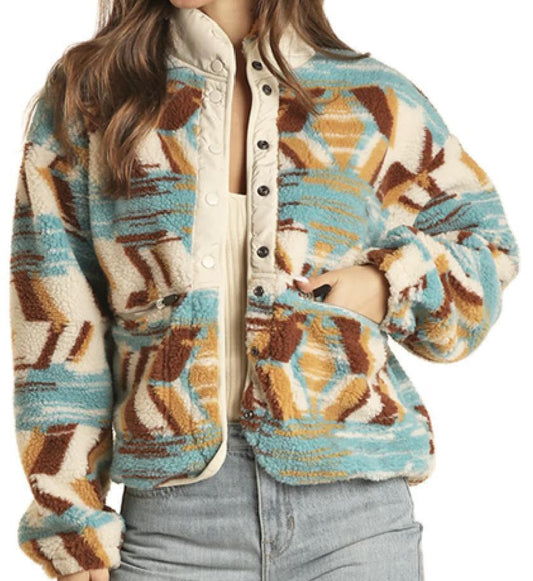 ROCK & ROLL DENIM WOMEN'S ABSTRACT SHERPA JACKET |BW92C02115