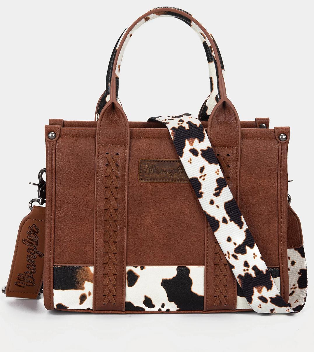 ‘’ESTELA’’ WRANGLER COW PRINT CROSS BODY  TOTE IN BROWN