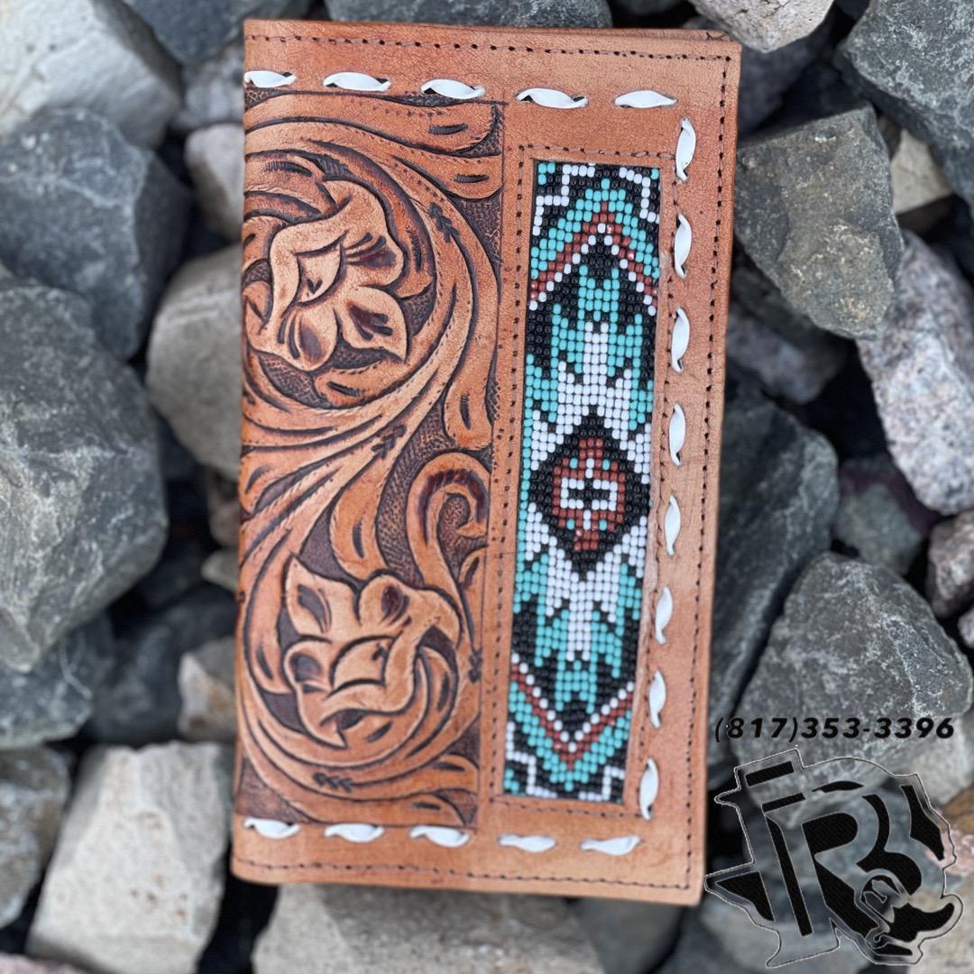 “ OSCAR  “ | MEN BI FOLD WESTERN TOOLED LEATHER WALLET BEADED TURQUOISE