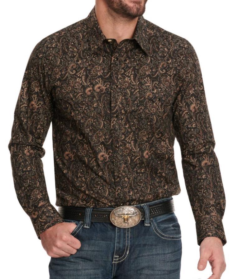 Rock & Roll Denim Men's Black with Brown Paisley Print Long Sleeve Western Shirt | BMN2S02508