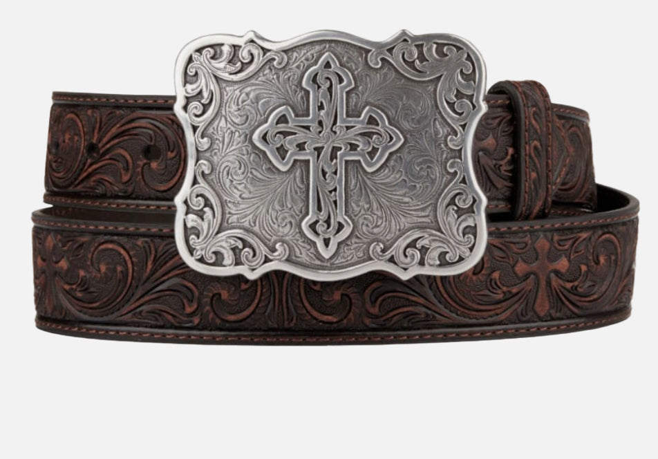 ‘’ANNA’’ Nocona Western Girls Youth Belt Leather Embossed Cross Brown |N4443102