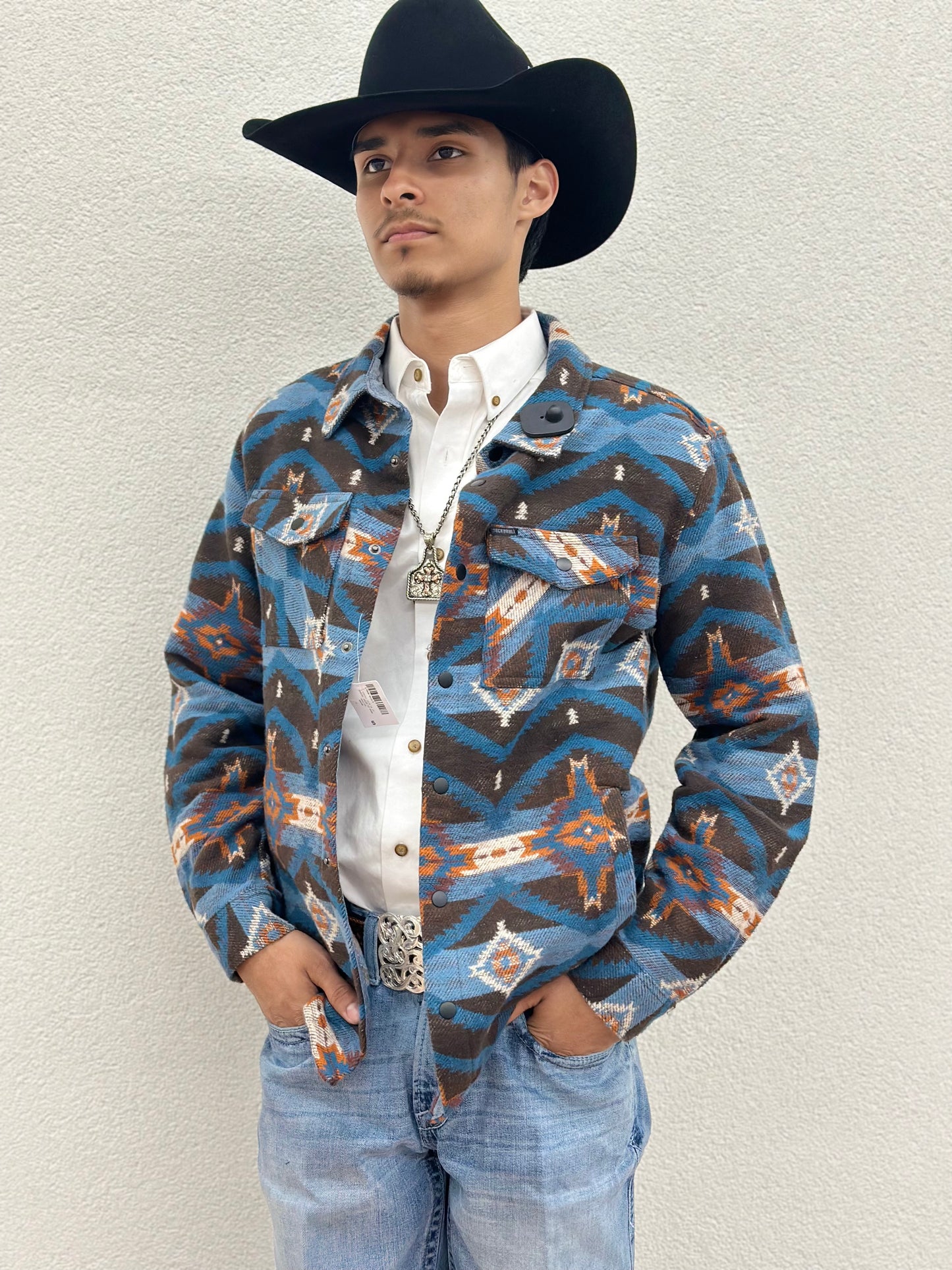 BLUE AZTEC | ROCK & ROLL JACQUARD AZTEC PRINT SNAP-DOWN SHIRT JACKET