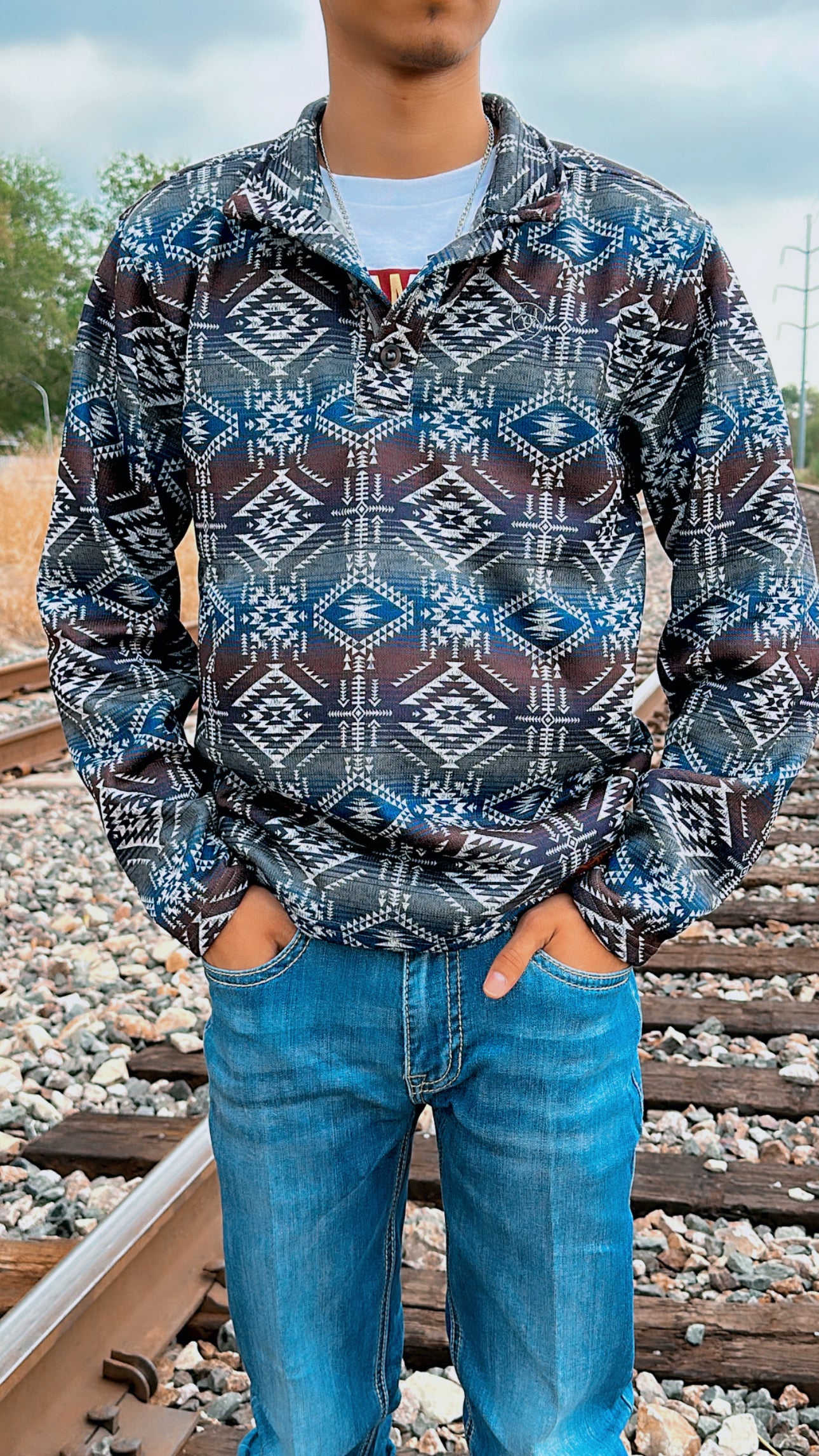 Ariat Men's Wesley Jetty Grey Dark Olive & Navy Aztec 1/4 Button Sweater Pullover| 10046145