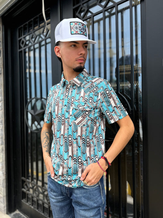 Mens rock & roll printed turquoise polo | BM53T0385