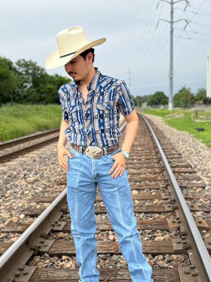 Mens Rock & Roll short sleeve aztec woven blue shirt | TMN3S04294