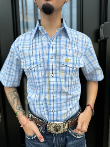 MENS ROCK & ROLL SHORT SLEEVE BABY BLUE SHIRT | PMN3S03315