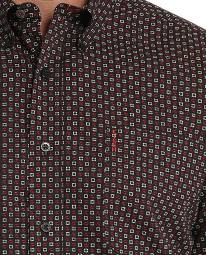 MEN'S MODERN FIT GEOMETRIC PRINT BUTTON-DOWN WESTERN SHIRT - BLACK |MTW1347117