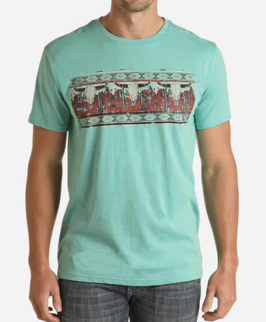 MENS TEE WITH LONGHORN GRAPIC TURQUOISE ROCK & ROLL |RRMT21RZME