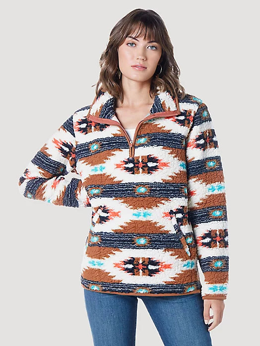 WOMEN'S WRANGLER RETRO SOUTHWESTERN PRINT QUARTER-ZIP SHERPA PULLOVER IN ARGAN OIL | 112335659