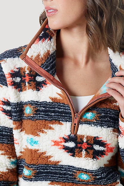 WOMEN'S WRANGLER RETRO SOUTHWESTERN PRINT QUARTER-ZIP SHERPA PULLOVER IN ARGAN OIL | 112335659