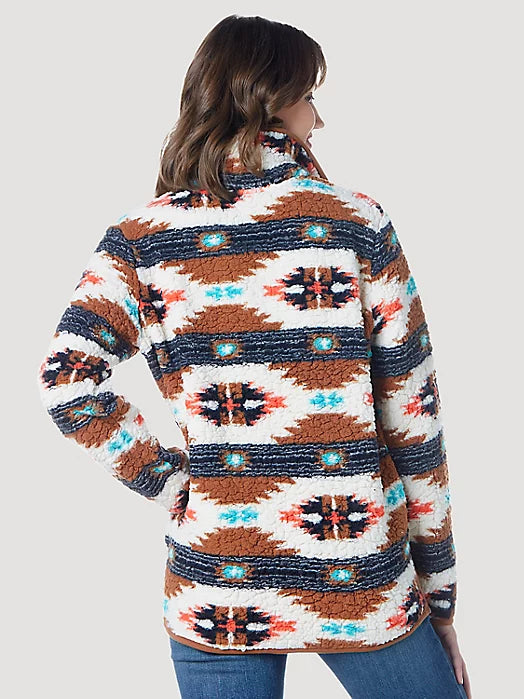 WOMEN'S WRANGLER RETRO SOUTHWESTERN PRINT QUARTER-ZIP SHERPA PULLOVER IN ARGAN OIL | 112335659