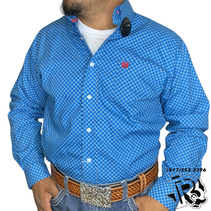 MEN'S GEOMETRIC PRINT BUTTON-DOWN WESTERN SHIRT - BLUE / WHITE  MTW1105404