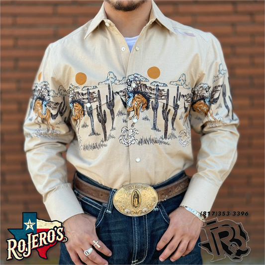 Mens Rock & Roll long sleeve 2pkt bronc border tan shirt | SMN2S03217