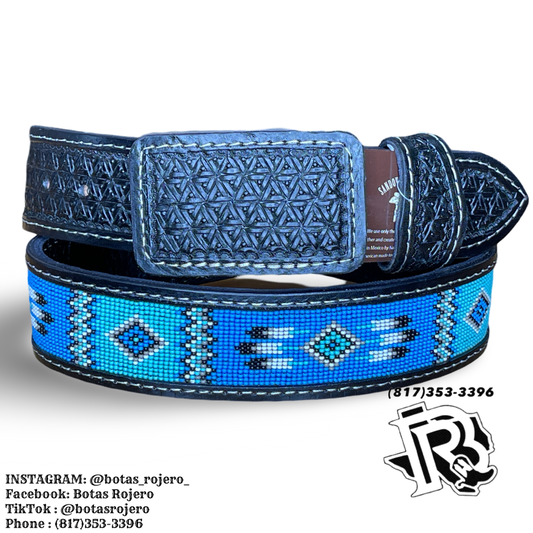 “ Grayson “ | MEN WESTERN BELT 2 inch wide BLUE BEADED