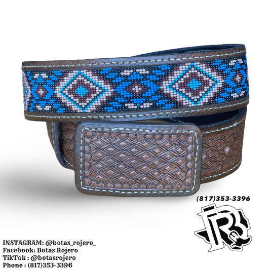 “ Carter “ | MEN WESTERN BELT BLUE BEADED 2 INCH WIDE