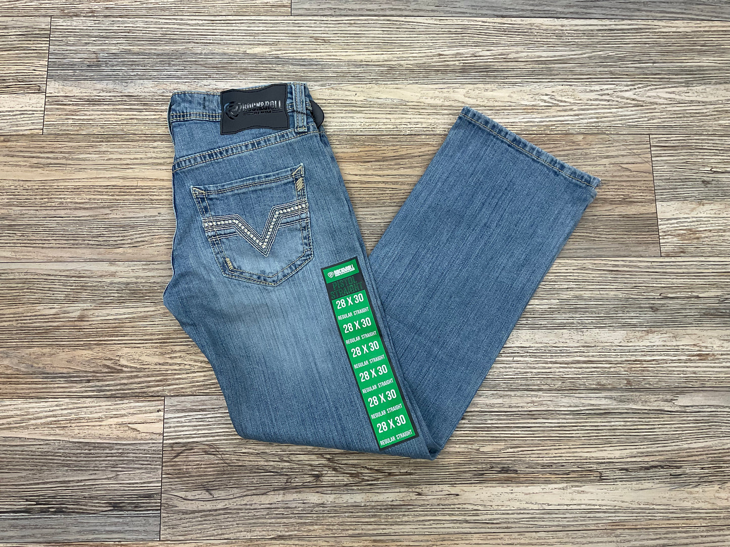 MENS ROCK & ROLL LADDER EMB PISTOL STRAIGHT MEDIUM WASH JEANS | BM1PD04821 GREEN LABEL