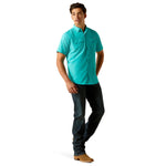 Mens Ariat Venttek outbound Fitted short sleeve Drift Turquoise shirt | 10051383