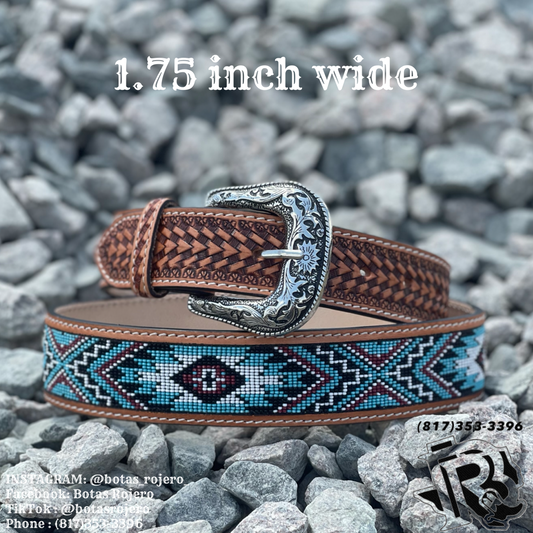 “ Oscar “ | 1.75 INCH MEN WESTERN TOOLED LEATHER BELT BEADED TURQUOISE